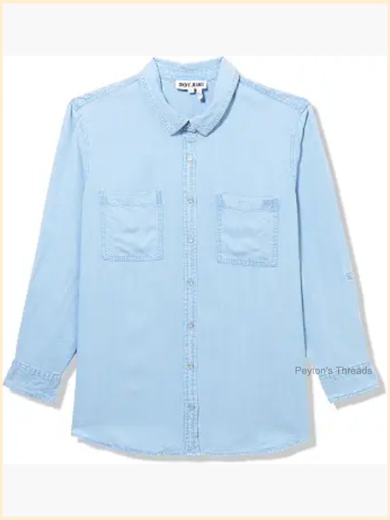 Plus Garment Dye Classic Roll Tab Sleeve Button Front Shirt - V-Neck, Polyester